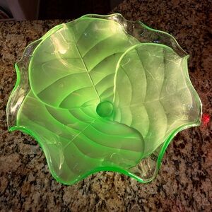Handblown Green Art Glass Pedestal Bowl Ruffled Edge Floral Swirl Centerpiece
